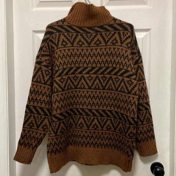 AERIE |Fair Isle | Aztec Pattern | Oversized Quarter Zip |Brown/Black |Size XS - Picture 4 of 16
